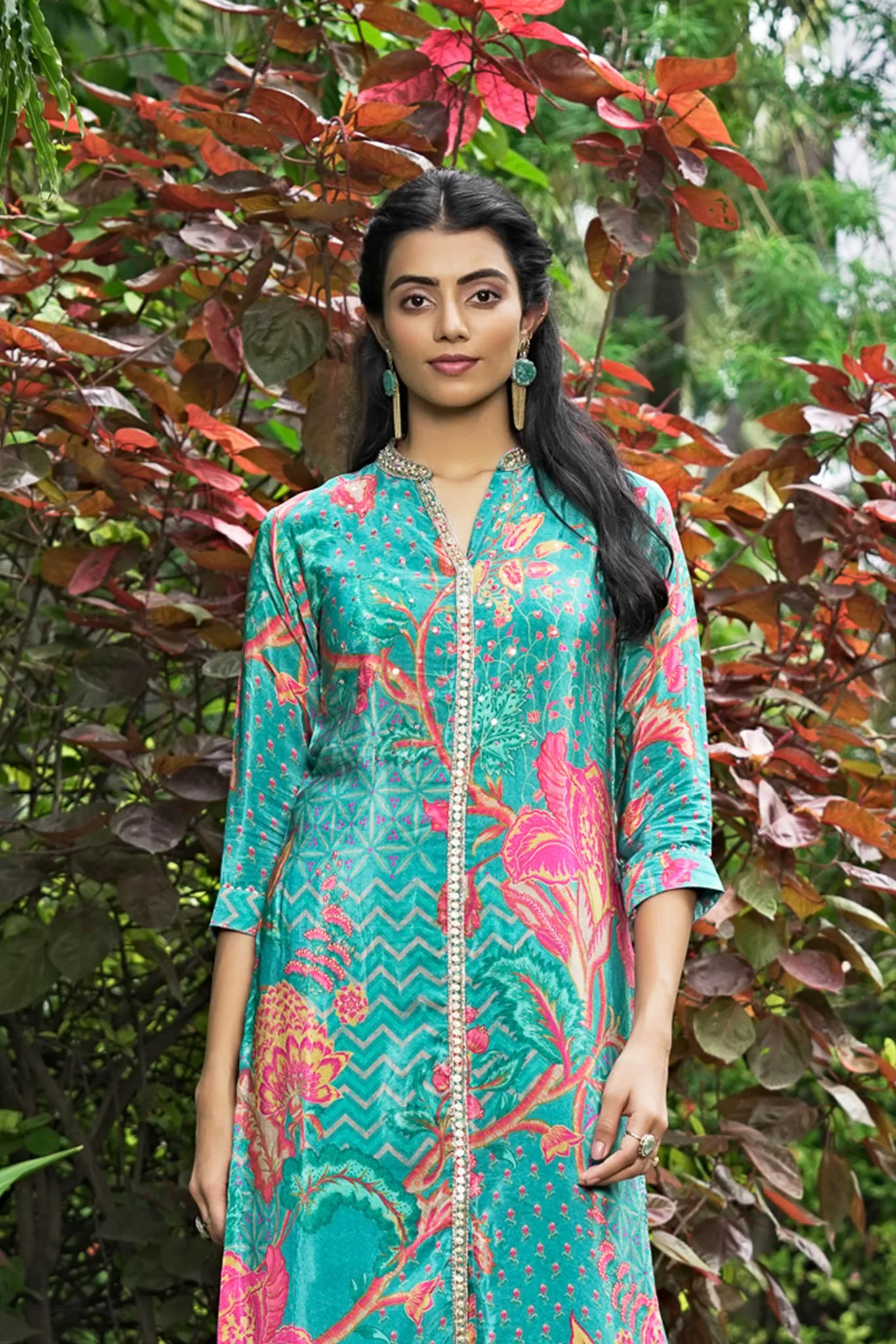 Teal Blue Crepe Kurta with Golden Sequins