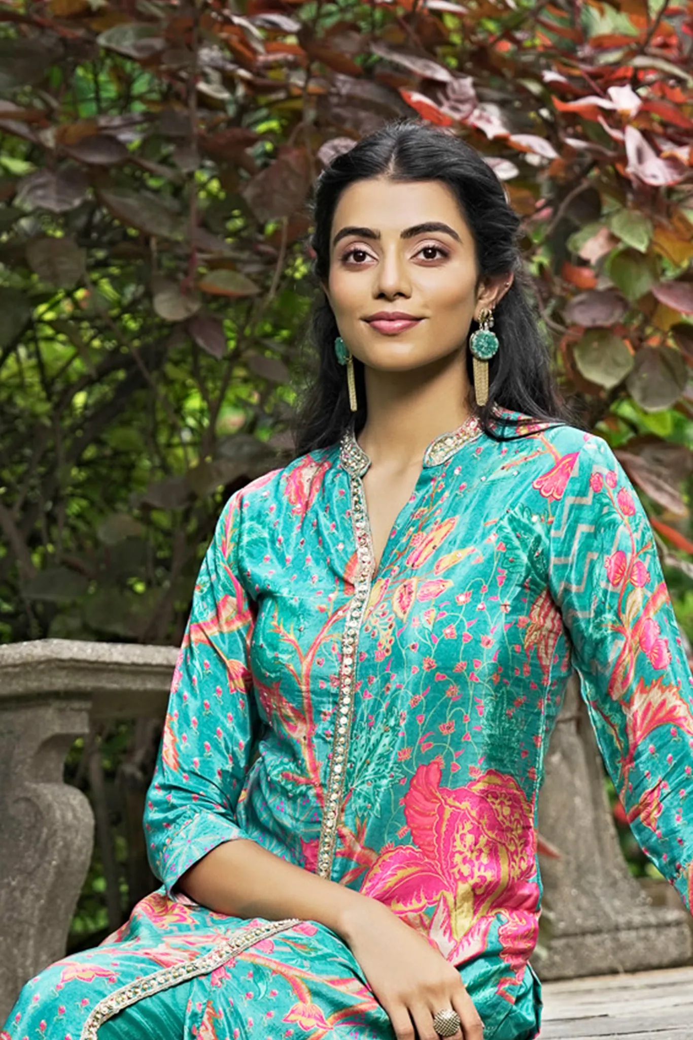 Teal Blue Crepe Kurta with Golden Sequins