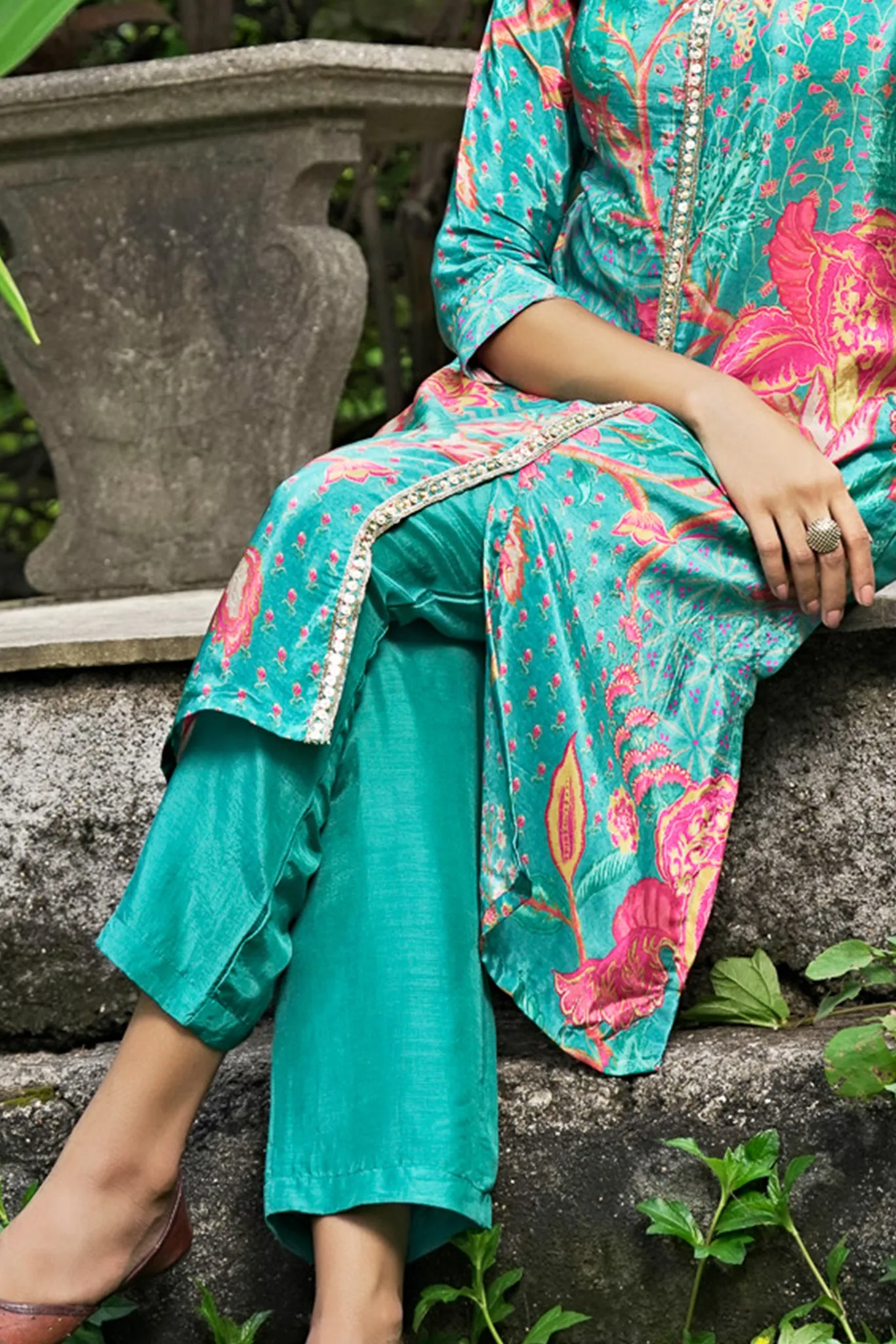 Teal Blue Crepe Kurta with Golden Sequins