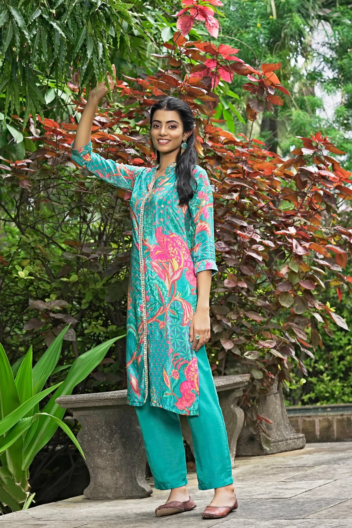 Teal Blue Crepe Kurta with Golden Sequins