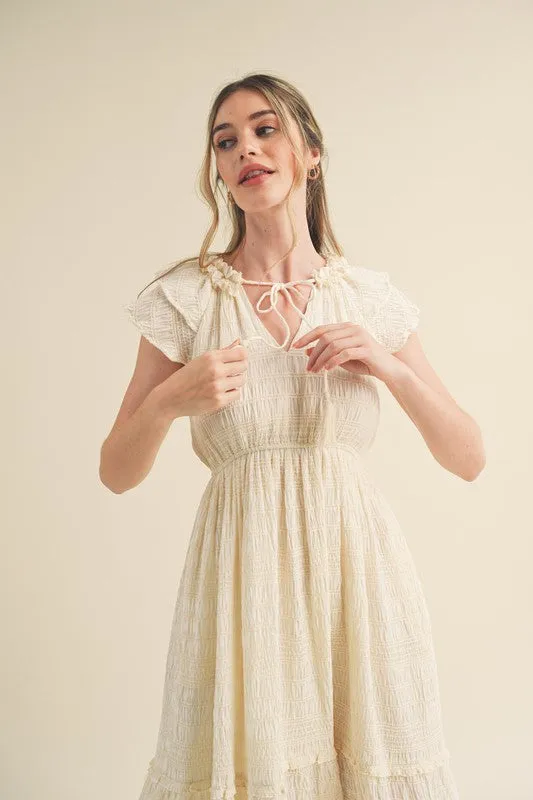 TIE FRONT RUFFLE SLEEVE MIDI DRESS