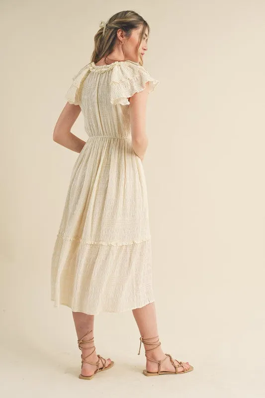 TIE FRONT RUFFLE SLEEVE MIDI DRESS