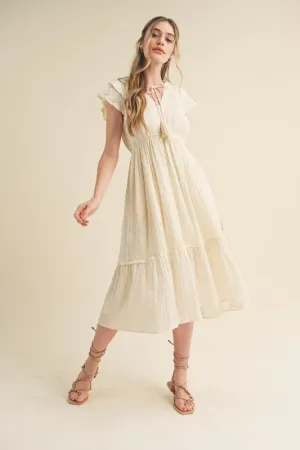TIE FRONT RUFFLE SLEEVE MIDI DRESS