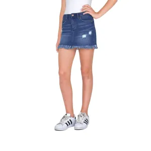 Tractr Girls Lisa Fray Hew Denim Mini Skirt - Medium Indigo