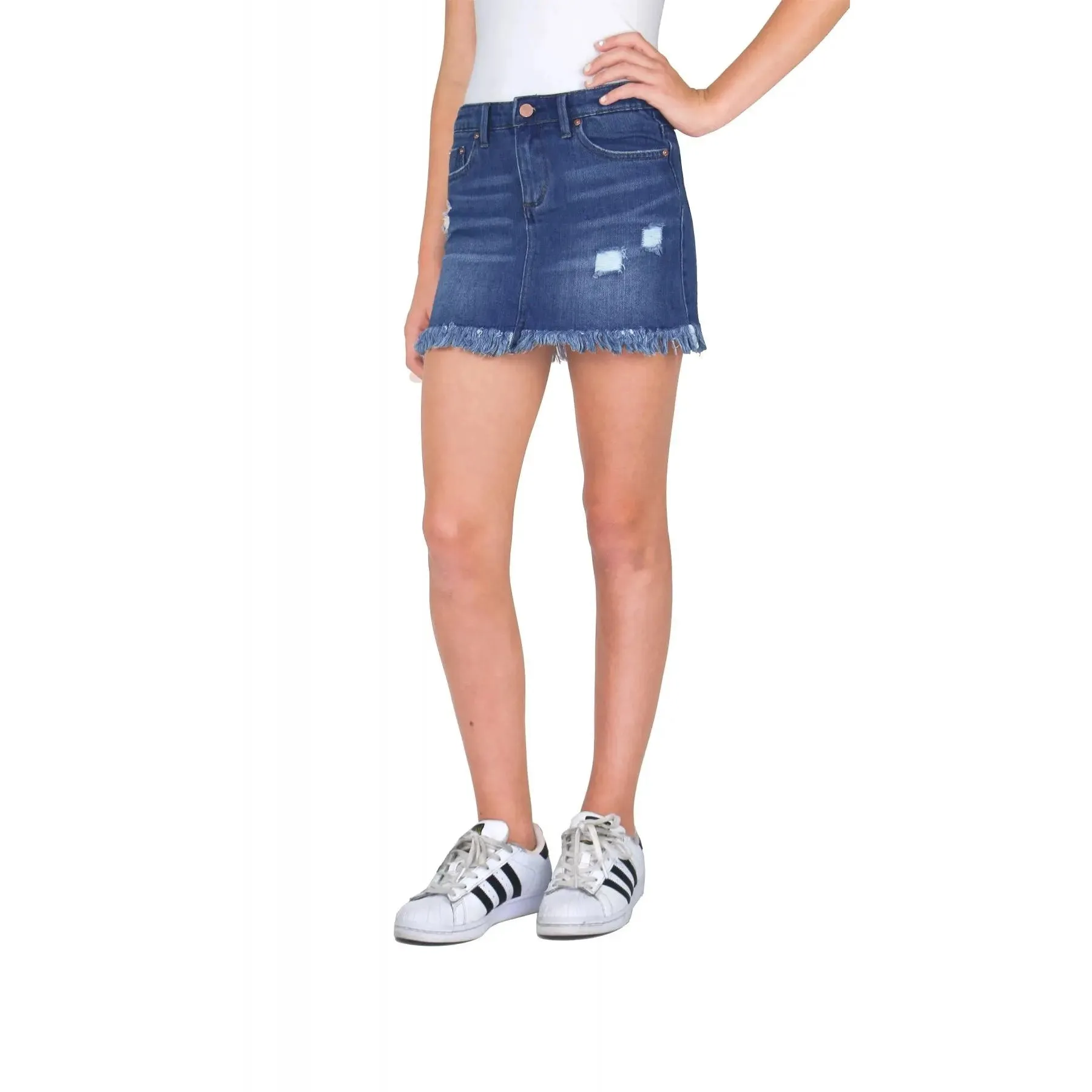 Tractr Girls Lisa Fray Hew Denim Mini Skirt - Medium Indigo