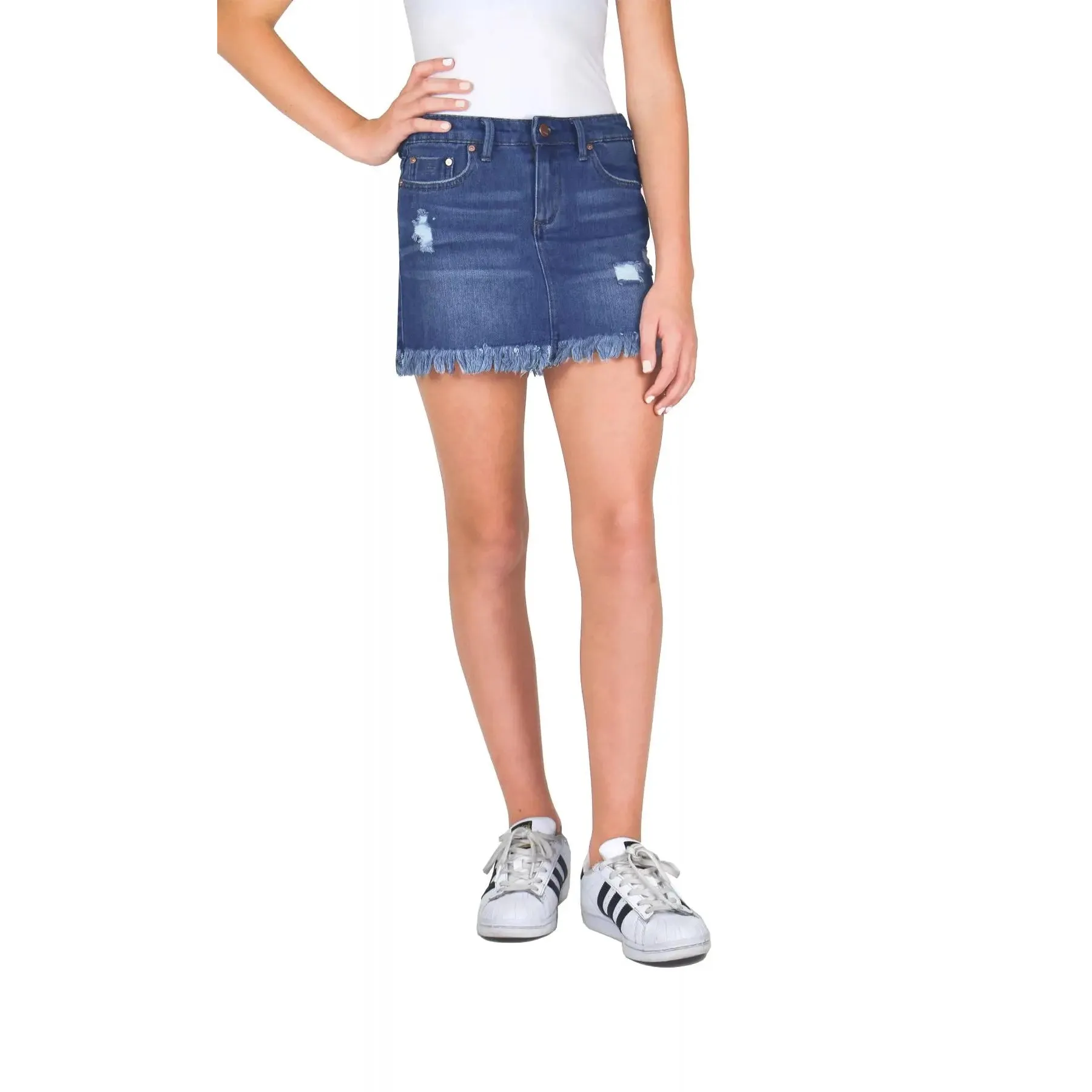 Tractr Girls Lisa Fray Hew Denim Mini Skirt - Medium Indigo