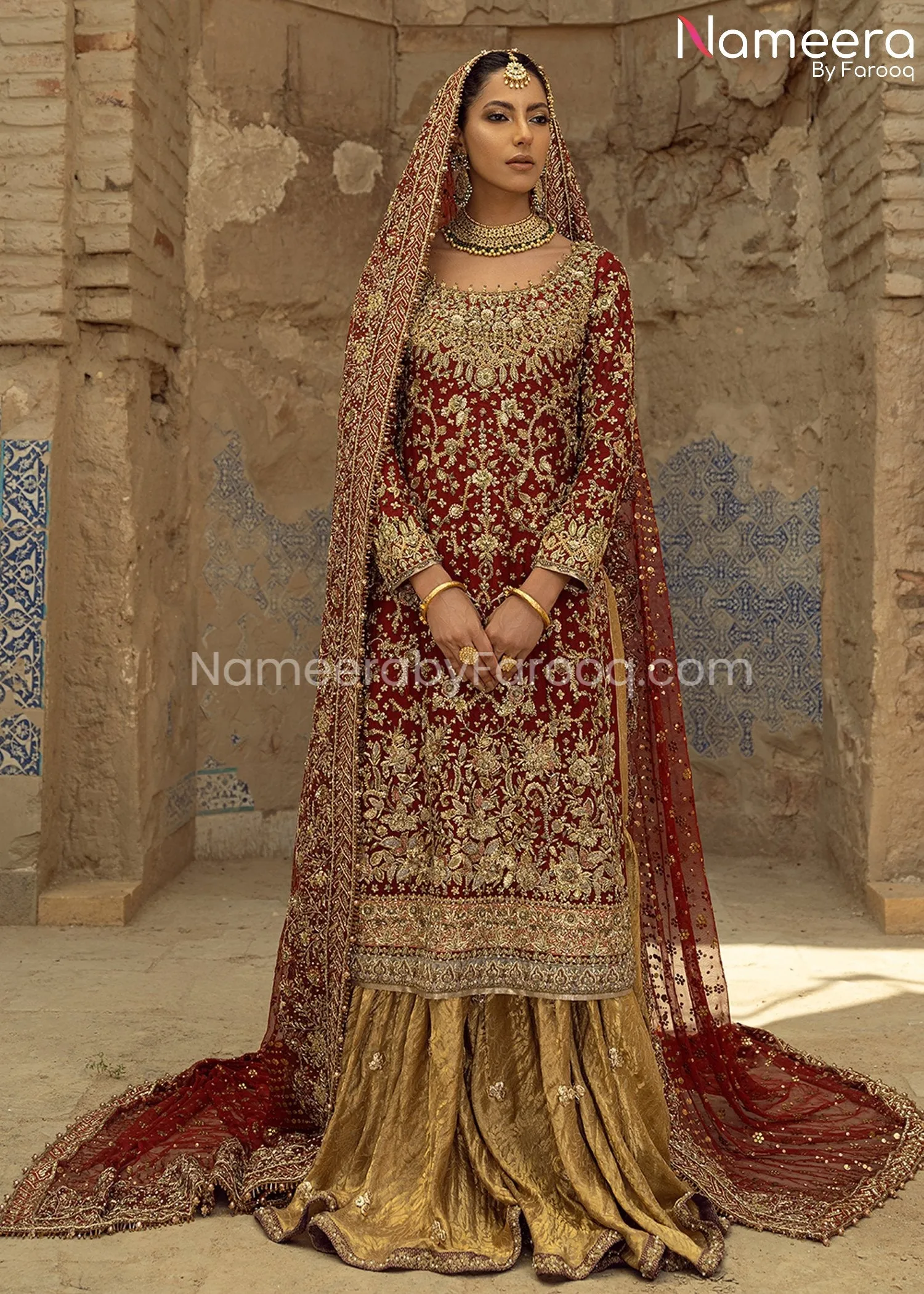 Traditional Gold and Red Bridal Dress Pakistani #BS668