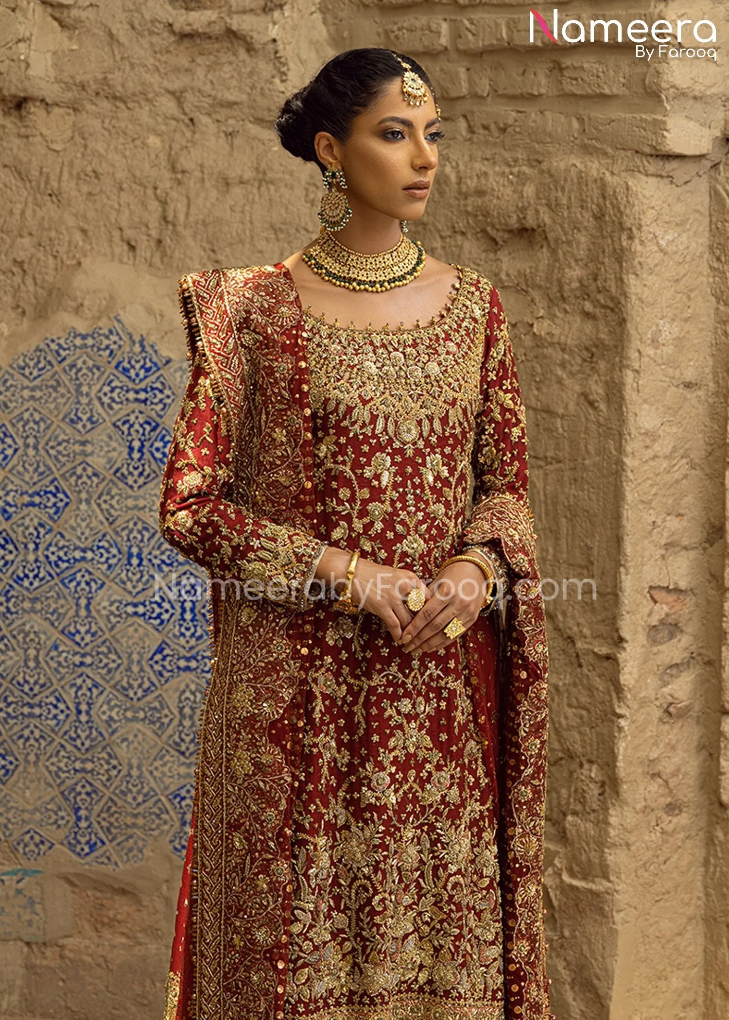 Traditional Gold and Red Bridal Dress Pakistani #BS668
