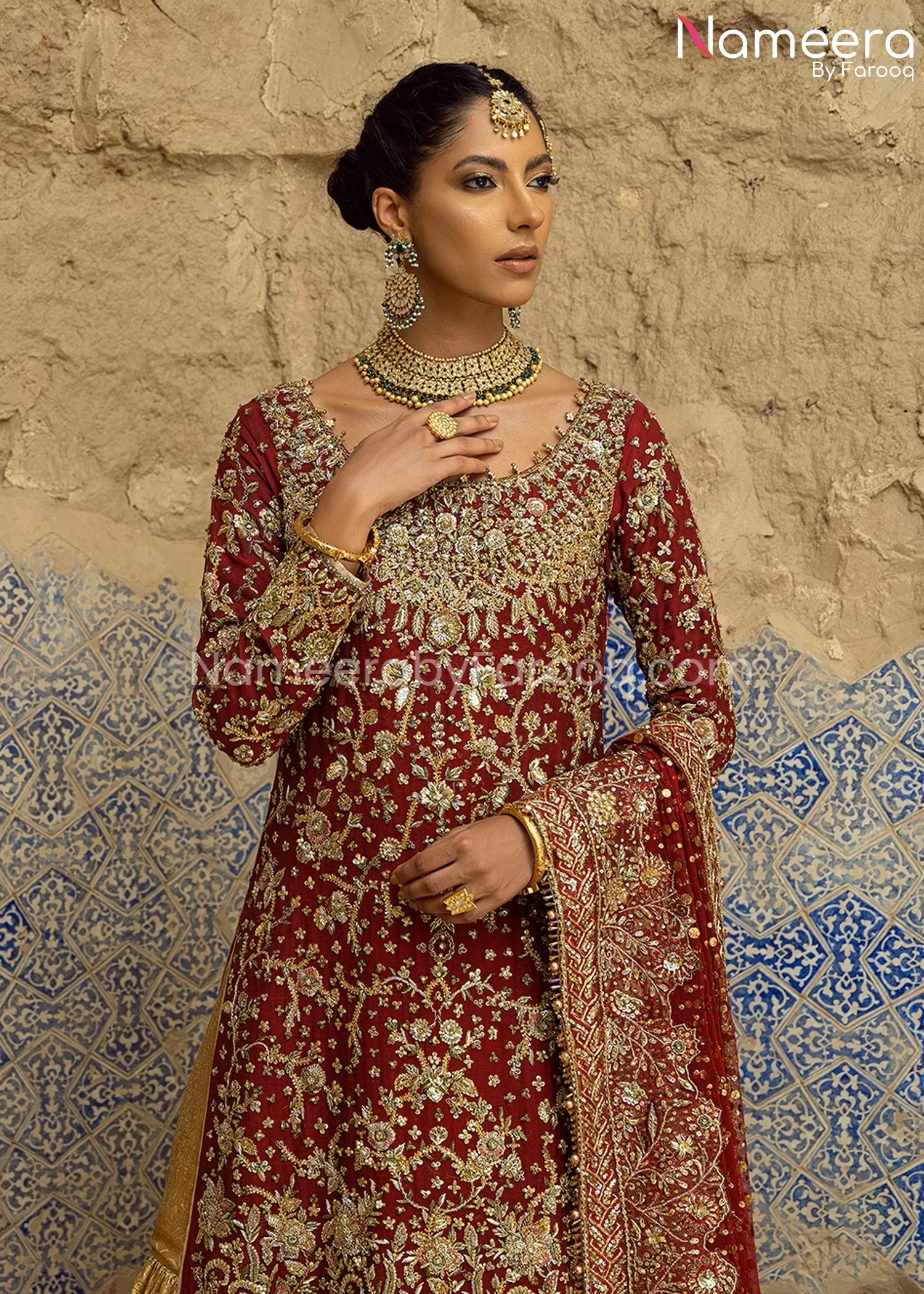Traditional Gold and Red Bridal Dress Pakistani #BS668