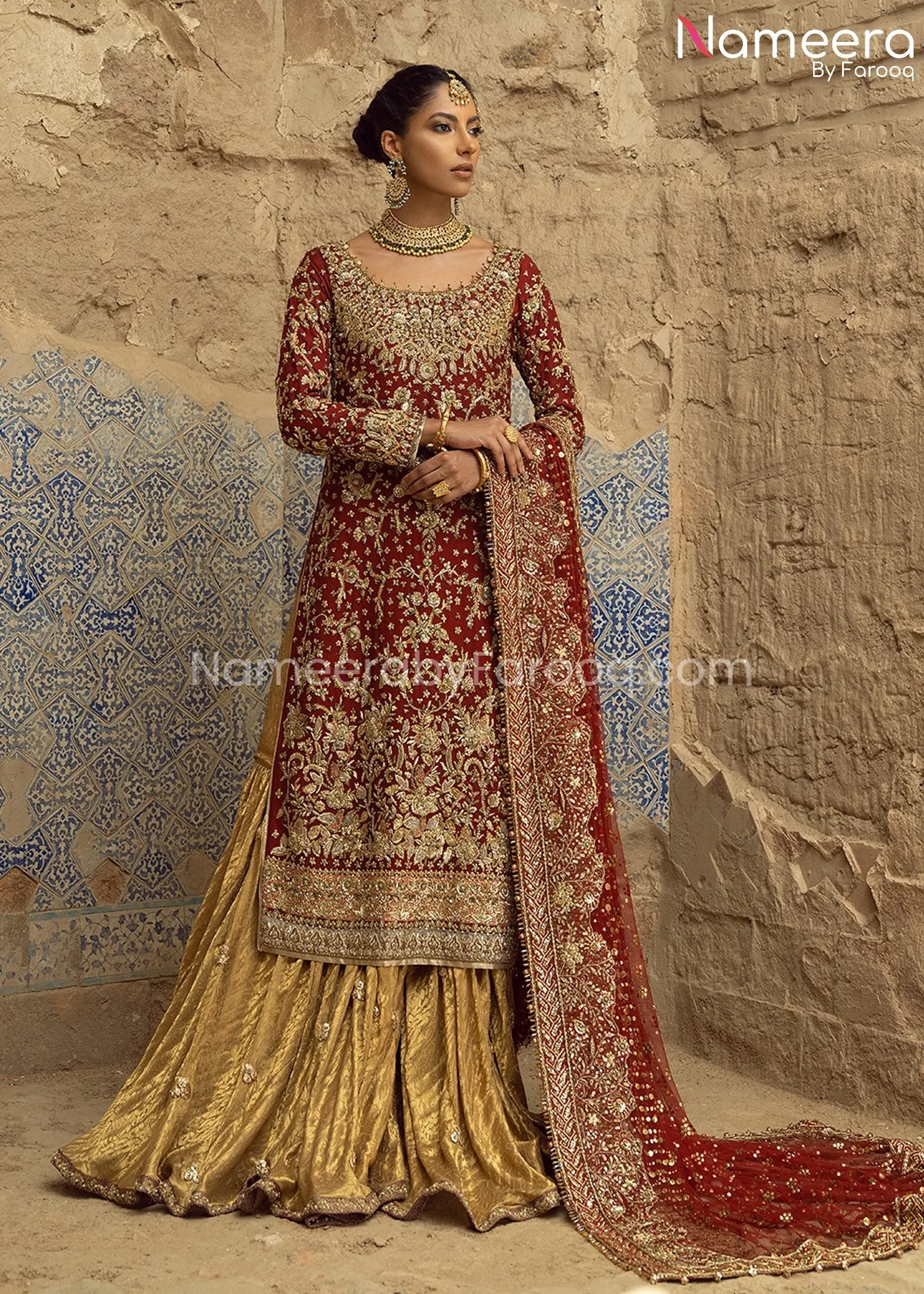 Traditional Gold and Red Bridal Dress Pakistani #BS668