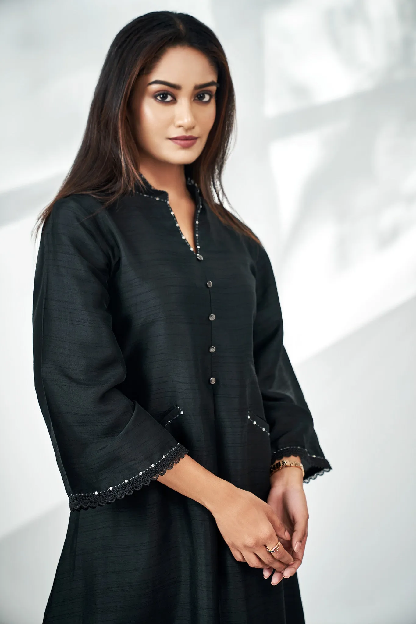 Tusser Silk Black Kurta Set