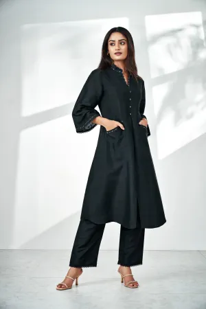 Tusser Silk Black Kurta Set