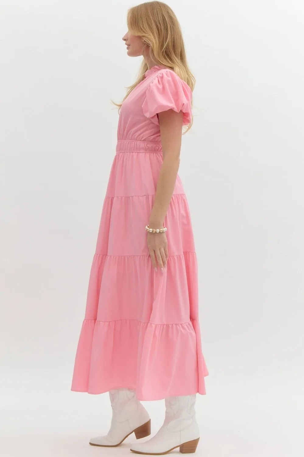 V-Neck Bubble Sleeve Tiered Midi Dress