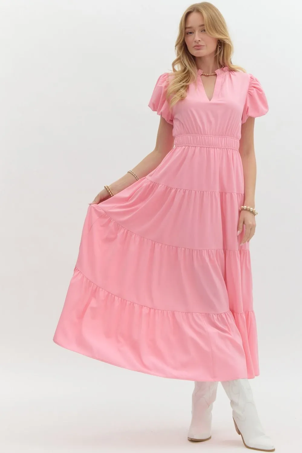 V-Neck Bubble Sleeve Tiered Midi Dress