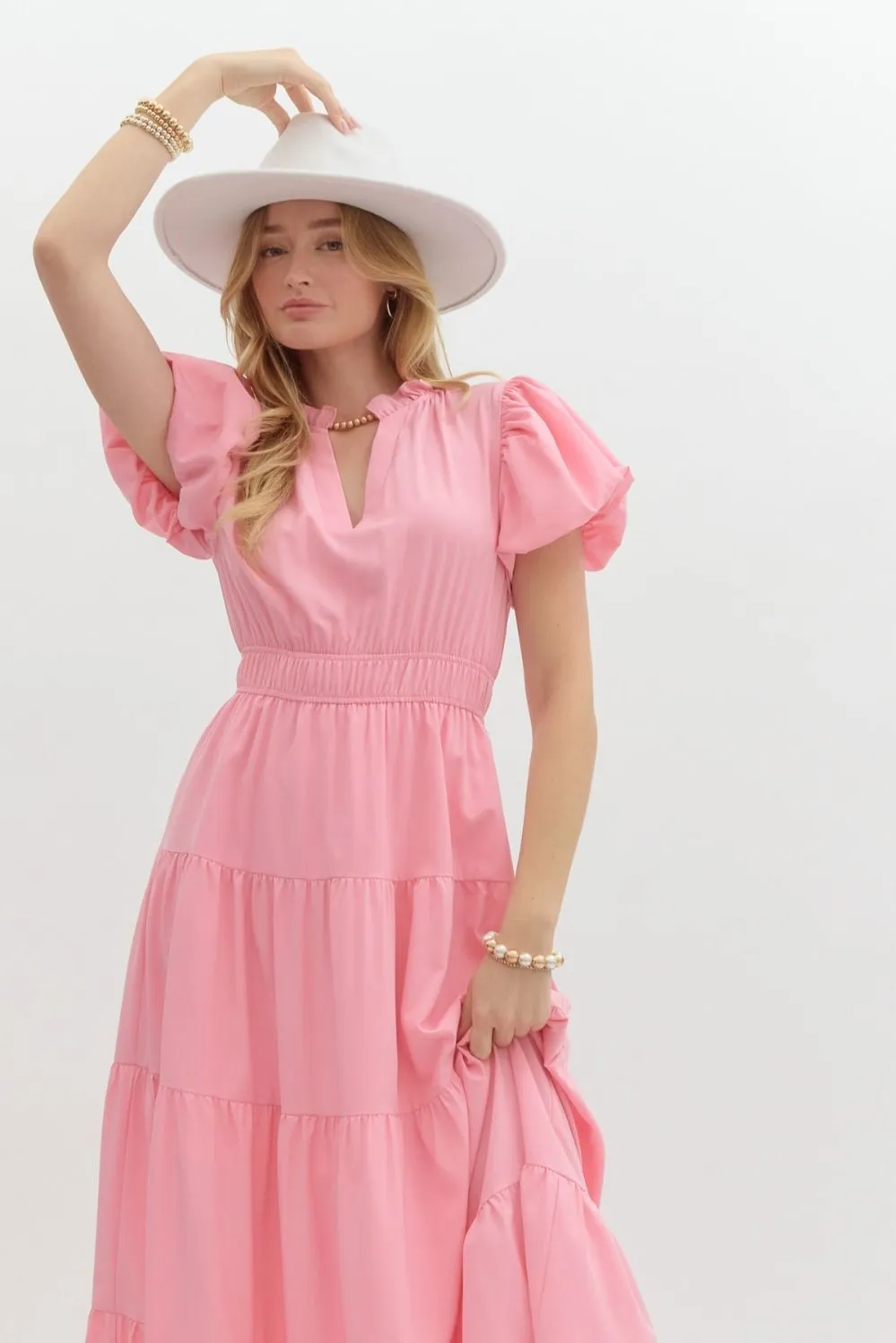 V-Neck Bubble Sleeve Tiered Midi Dress