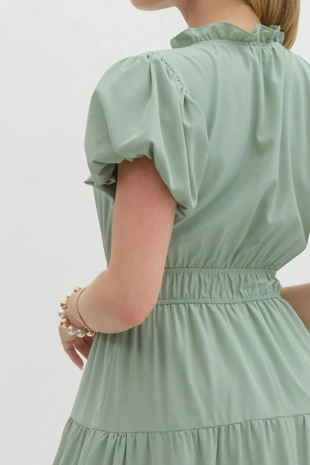 V-Neck Bubble Sleeve Tiered Midi Dress