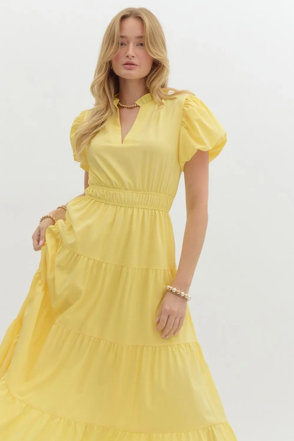 V-Neck Bubble Sleeve Tiered Midi Dress