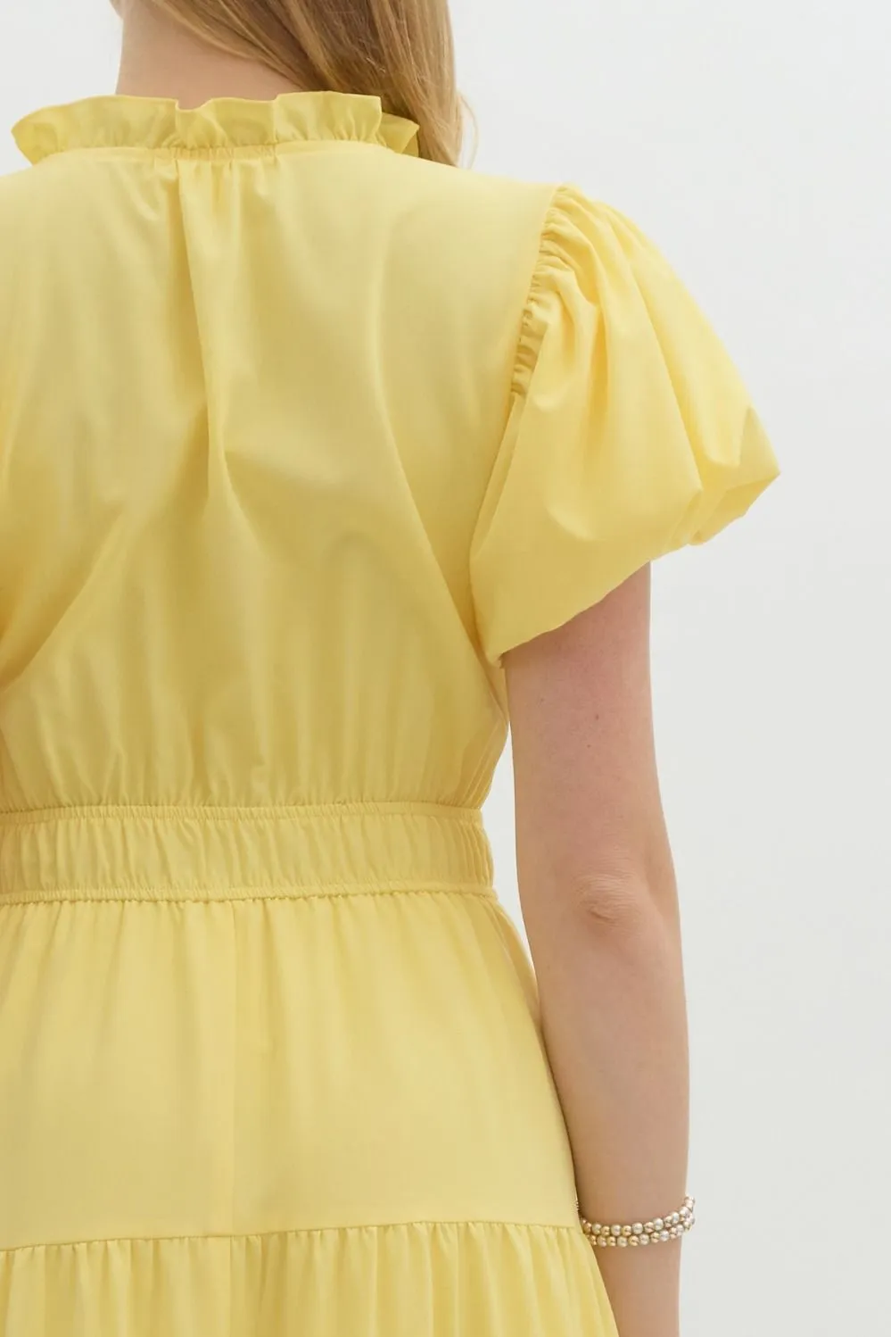 V-Neck Bubble Sleeve Tiered Midi Dress