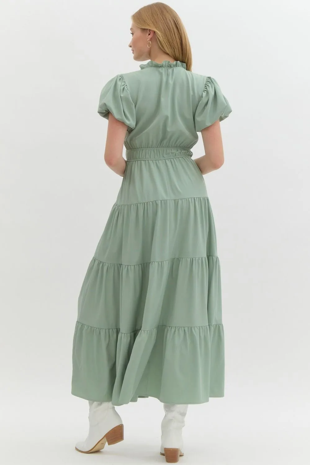V-Neck Bubble Sleeve Tiered Midi Dress
