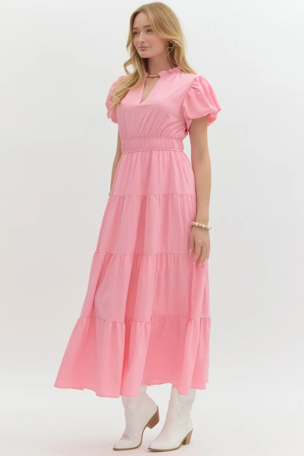 V-Neck Bubble Sleeve Tiered Midi Dress