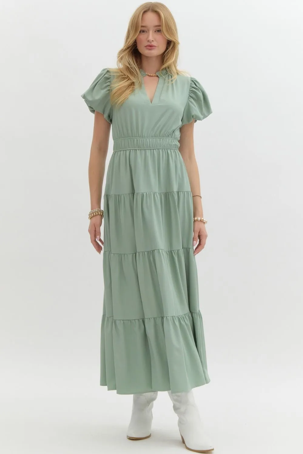 V-Neck Bubble Sleeve Tiered Midi Dress