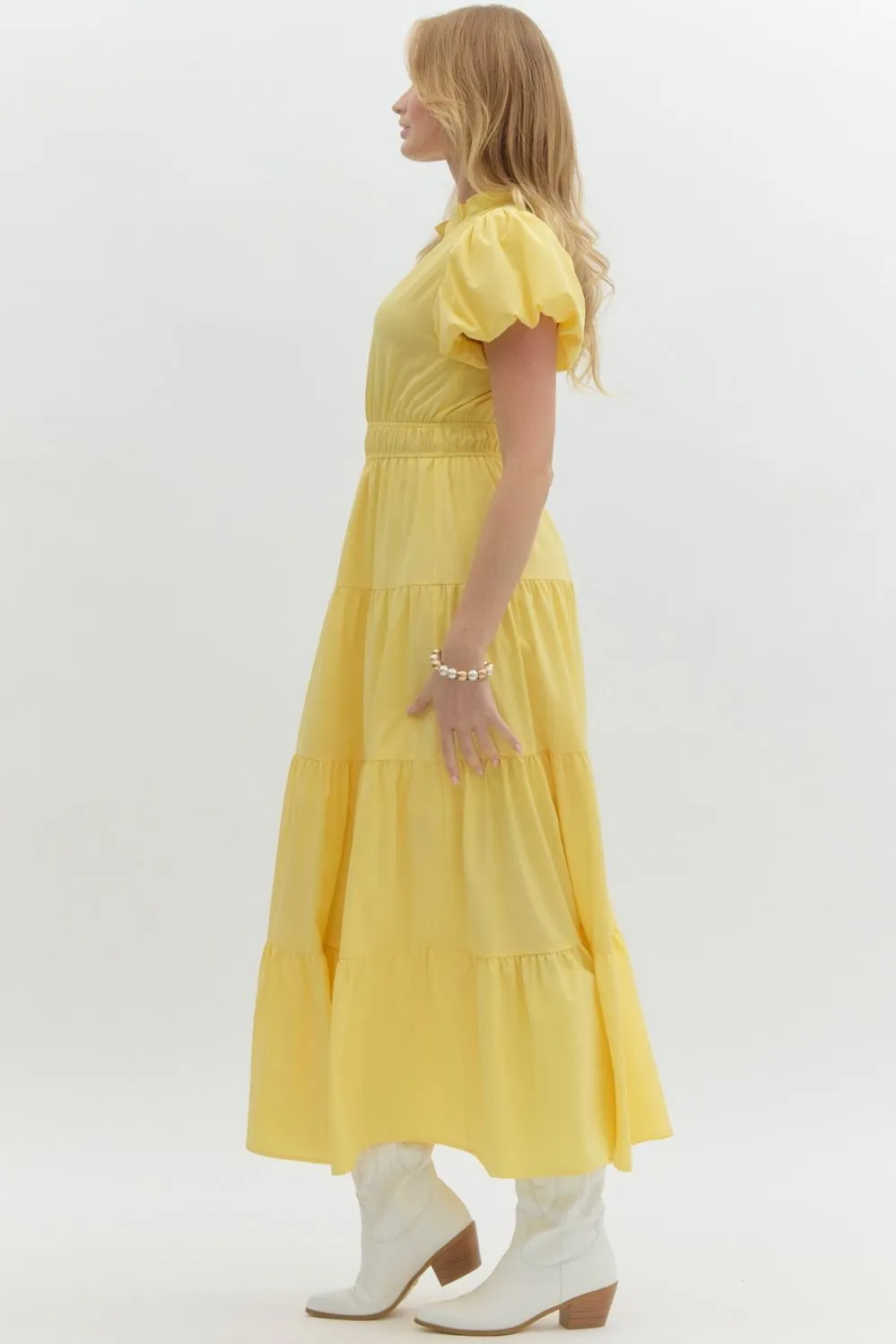V-Neck Bubble Sleeve Tiered Midi Dress