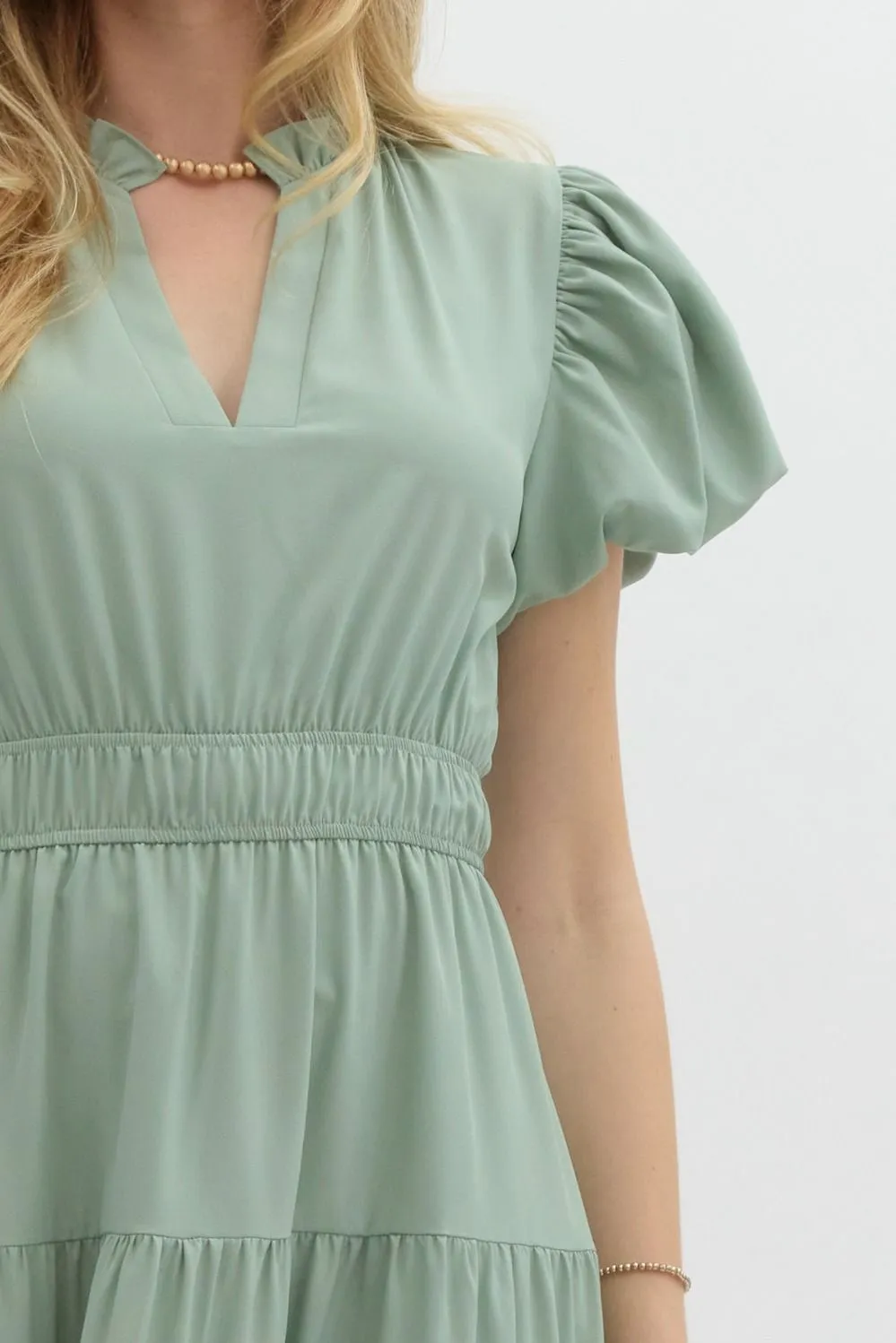 V-Neck Bubble Sleeve Tiered Midi Dress
