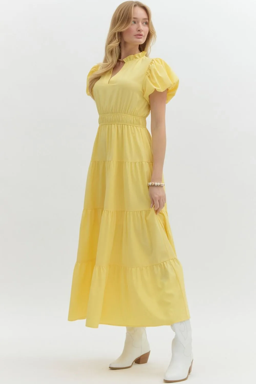 V-Neck Bubble Sleeve Tiered Midi Dress