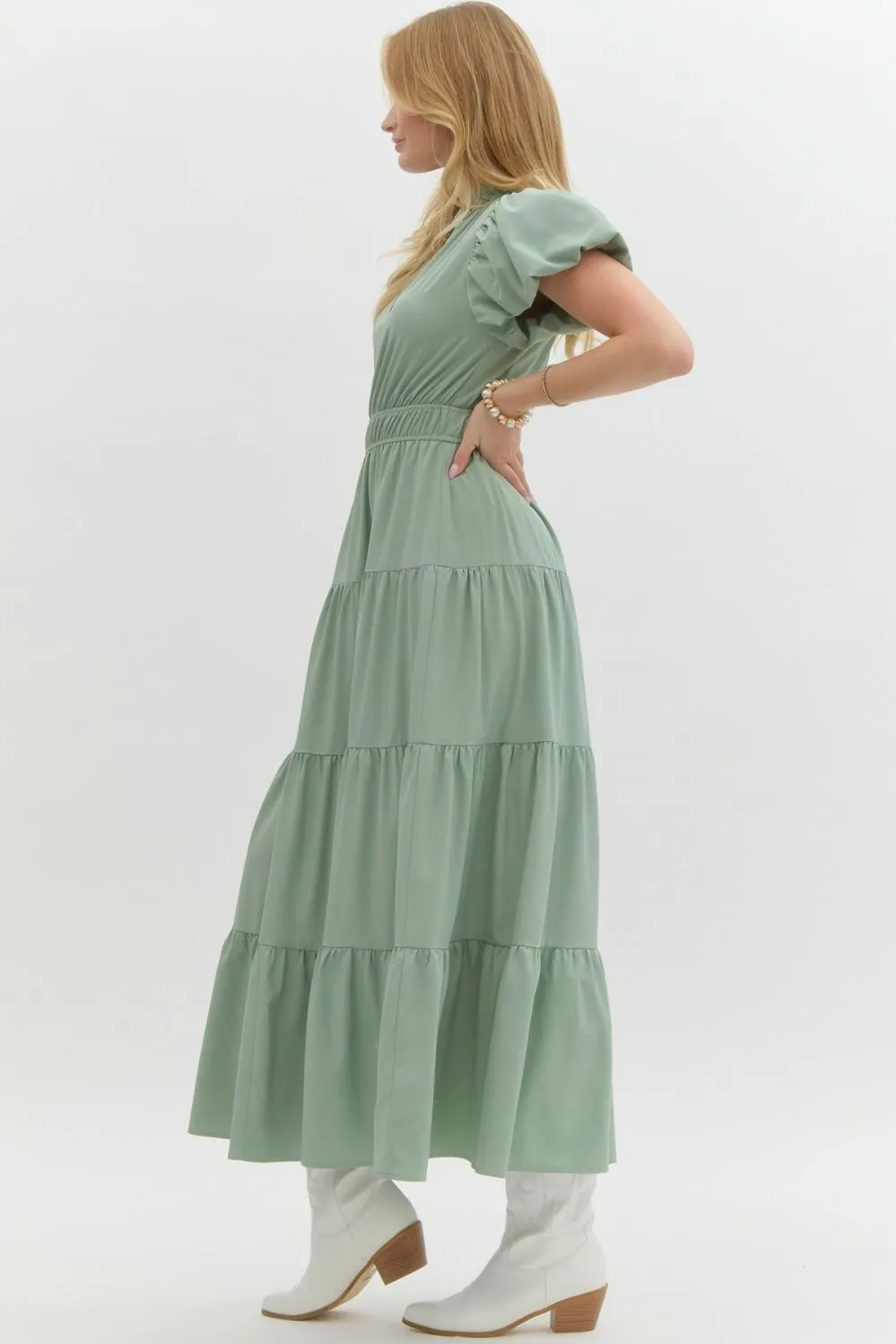 V-Neck Bubble Sleeve Tiered Midi Dress