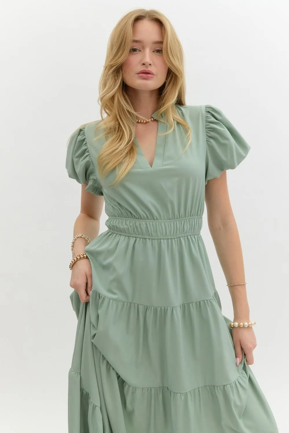 V-Neck Bubble Sleeve Tiered Midi Dress