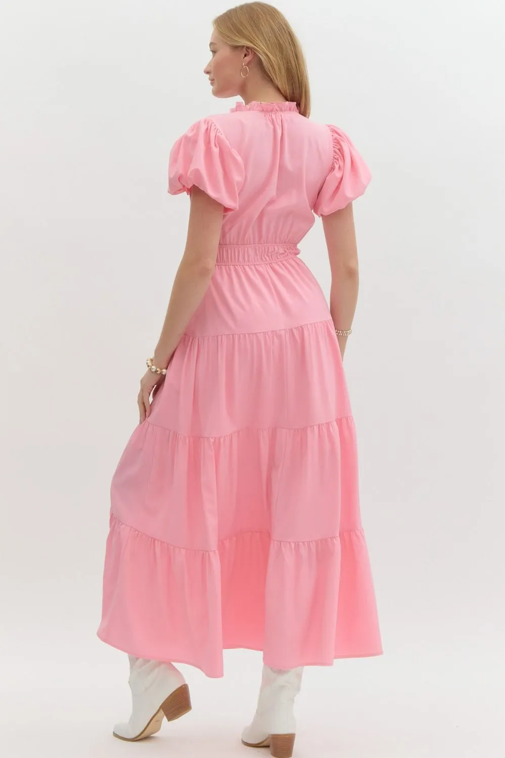 V-Neck Bubble Sleeve Tiered Midi Dress