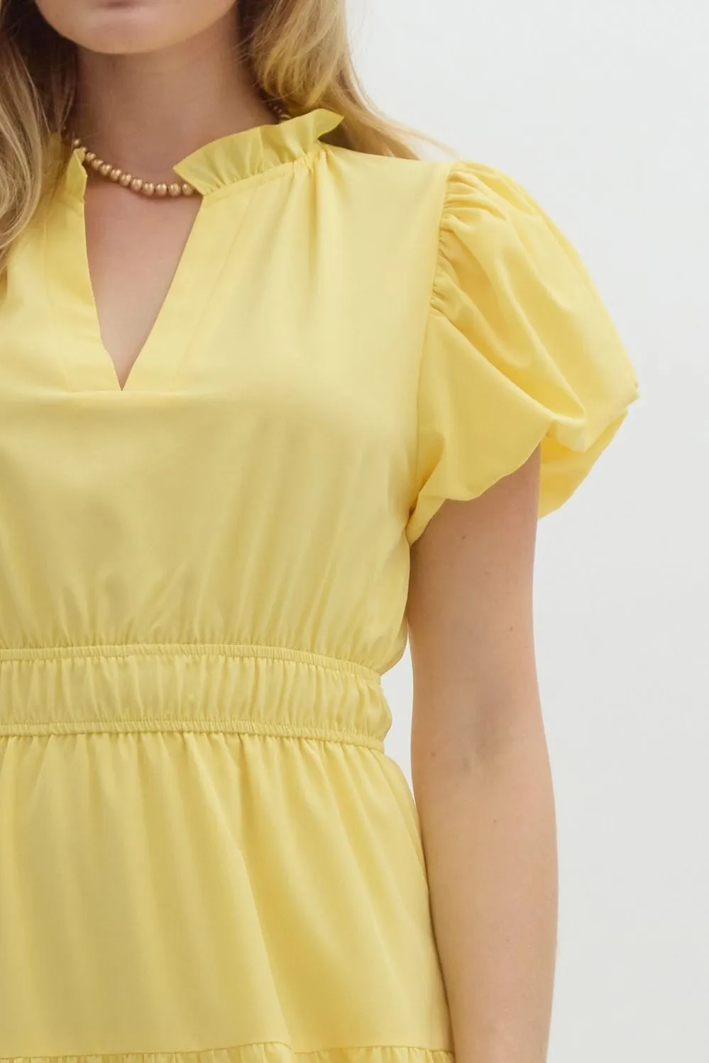 V-Neck Bubble Sleeve Tiered Midi Dress