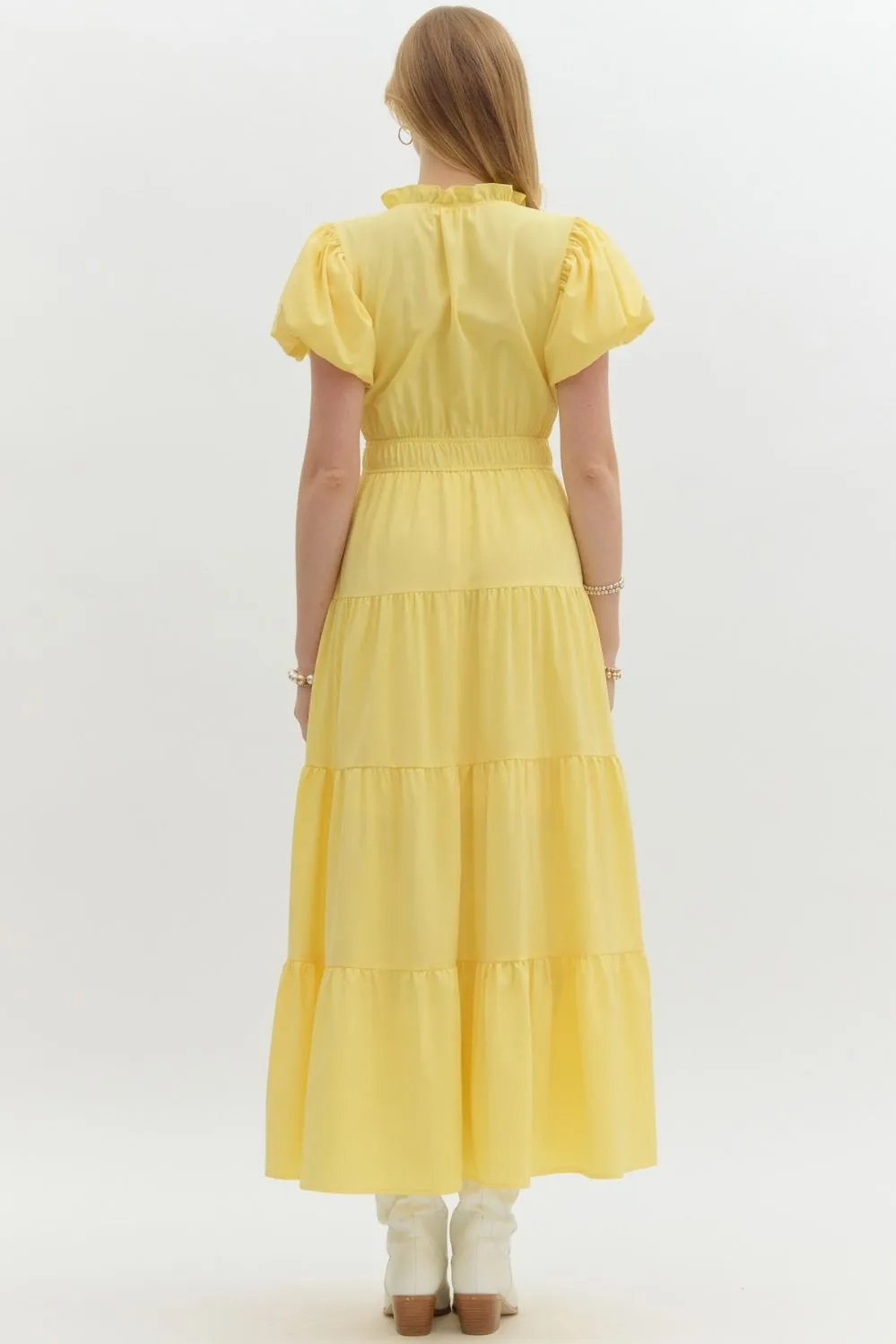 V-Neck Bubble Sleeve Tiered Midi Dress
