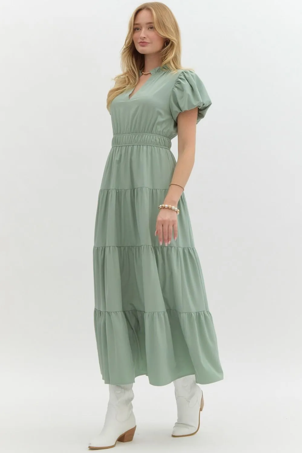 V-Neck Bubble Sleeve Tiered Midi Dress