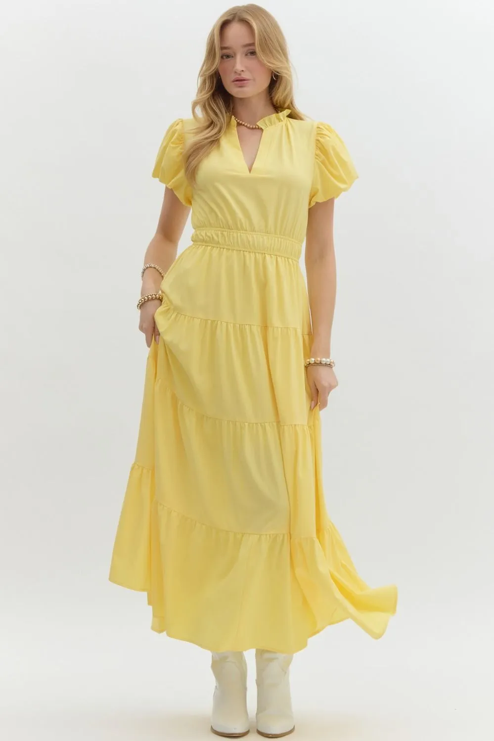 V-Neck Bubble Sleeve Tiered Midi Dress