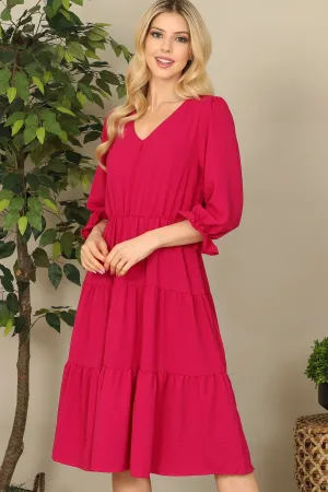 V-Neck Half Puff Sleeve Tiered Solid Midi Dress