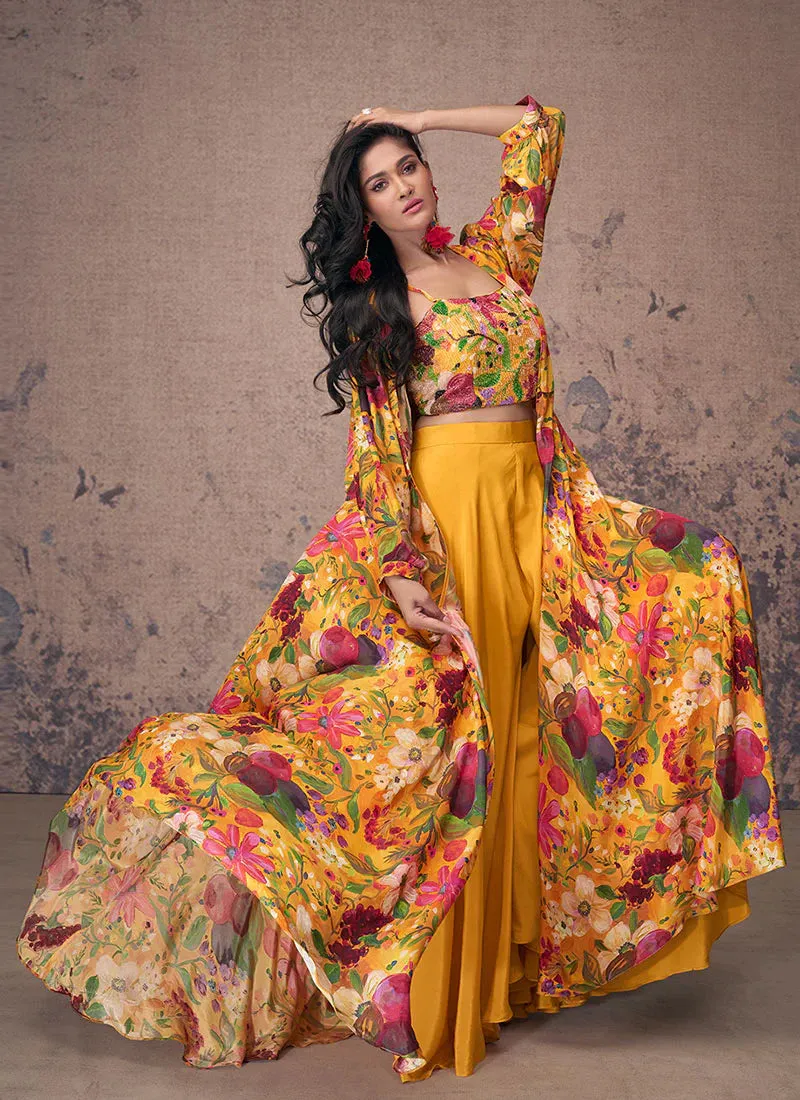 Vibrant Blooms Yellow Multicolor Floral Jacket Style Palazzo