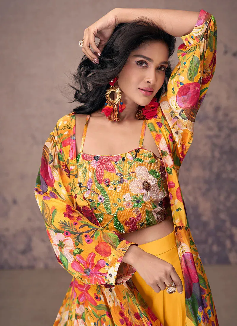 Vibrant Blooms Yellow Multicolor Floral Jacket Style Palazzo