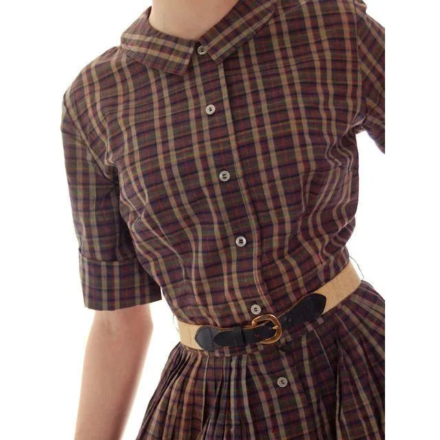Vintage  Cotton Shirt Dress Brown Plaid Barnesville 1950s NOS 36-25-Free