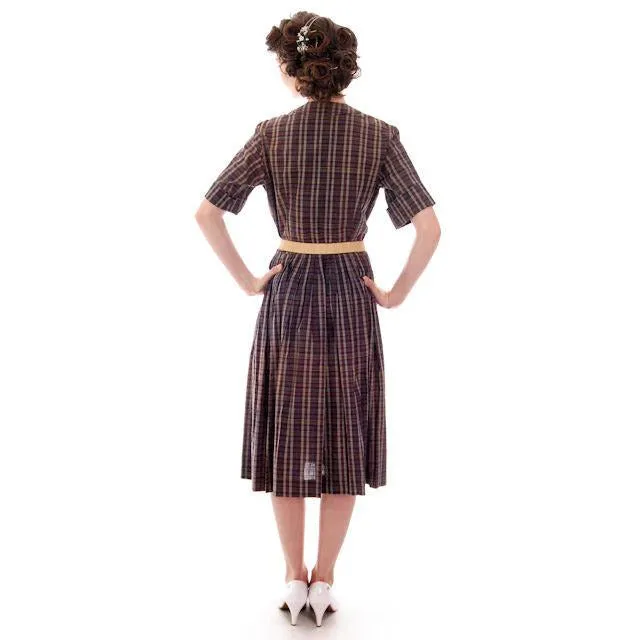 Vintage  Cotton Shirt Dress Brown Plaid Barnesville 1950s NOS 36-25-Free