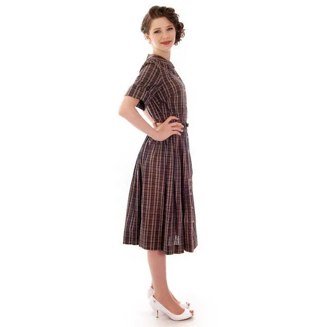 Vintage  Cotton Shirt Dress Brown Plaid Barnesville 1950s NOS 36-25-Free