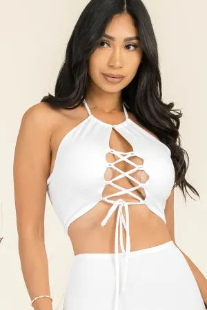 White Hollow Out Lace Up Halter Top 1/31/24 7970