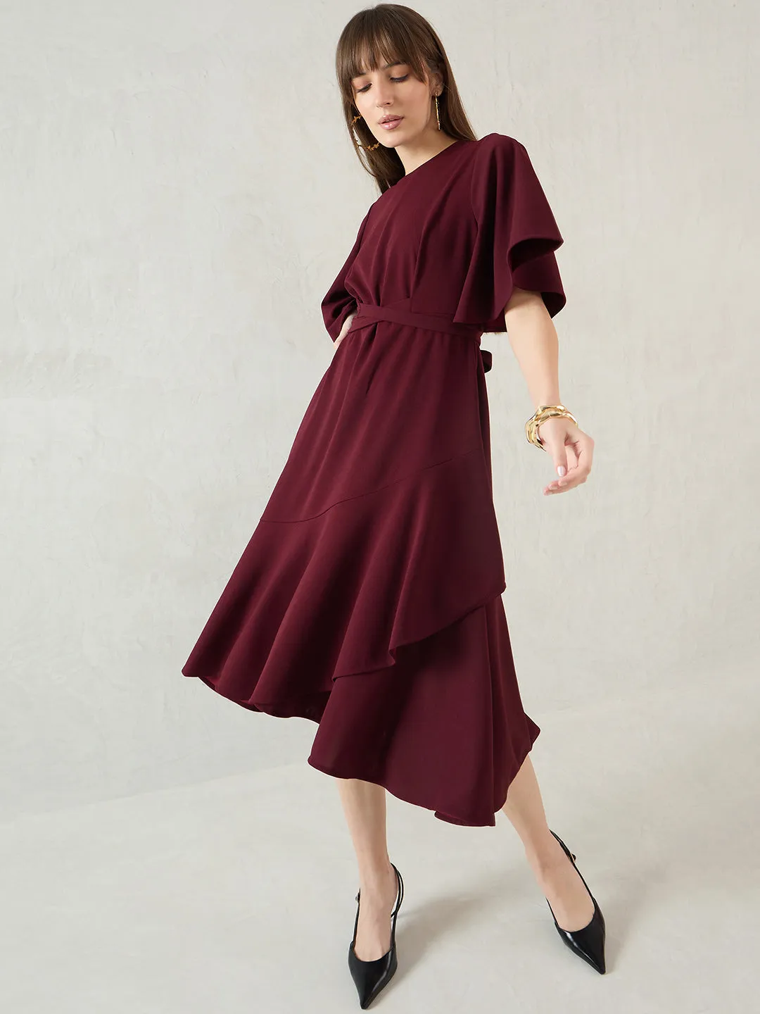 Wine Asymmetric Midi Dress