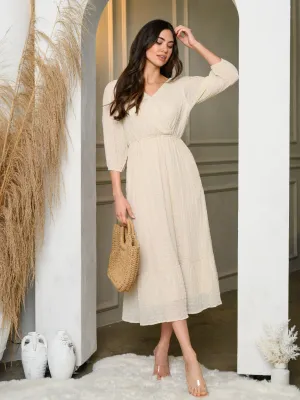 WOMEN'S 3/4  SLEEVE SURPLICE STRETCH LACE MIDI DRESS