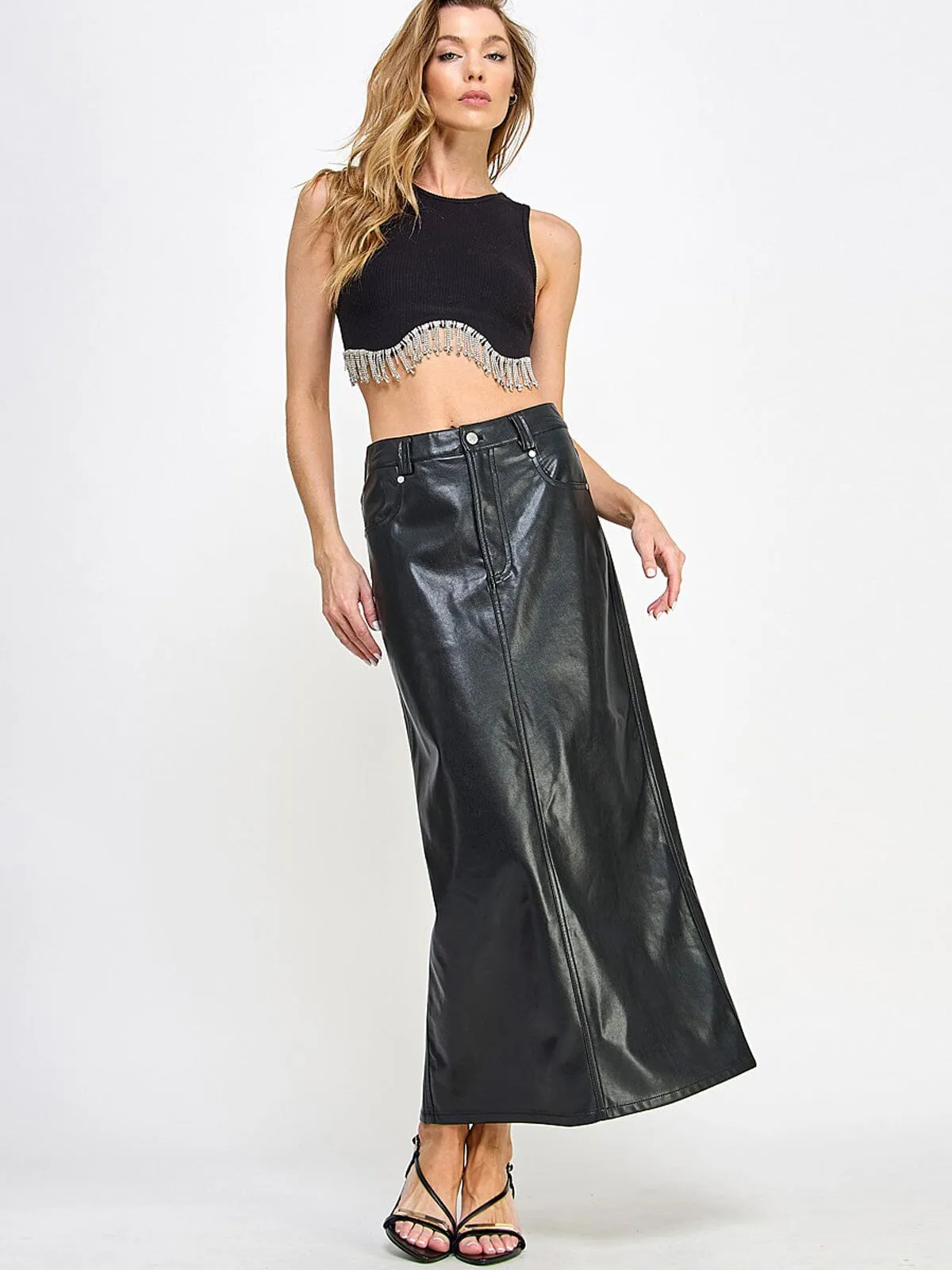 WOMEN'S BUTTON CLOSURE POCKETS FRONT SLIT PU PLEATHER MAXI SKIRT