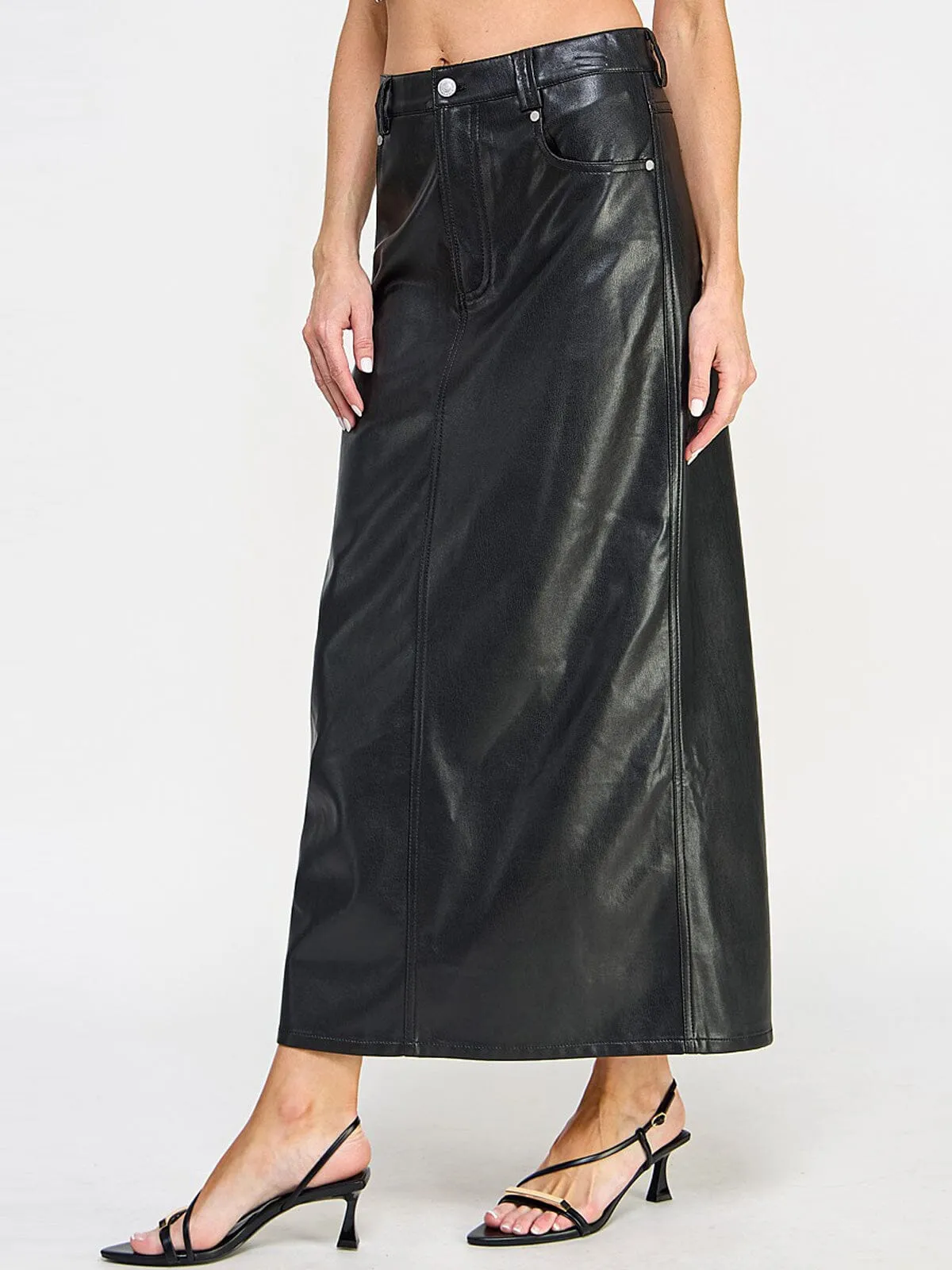 WOMEN'S BUTTON CLOSURE POCKETS FRONT SLIT PU PLEATHER MAXI SKIRT