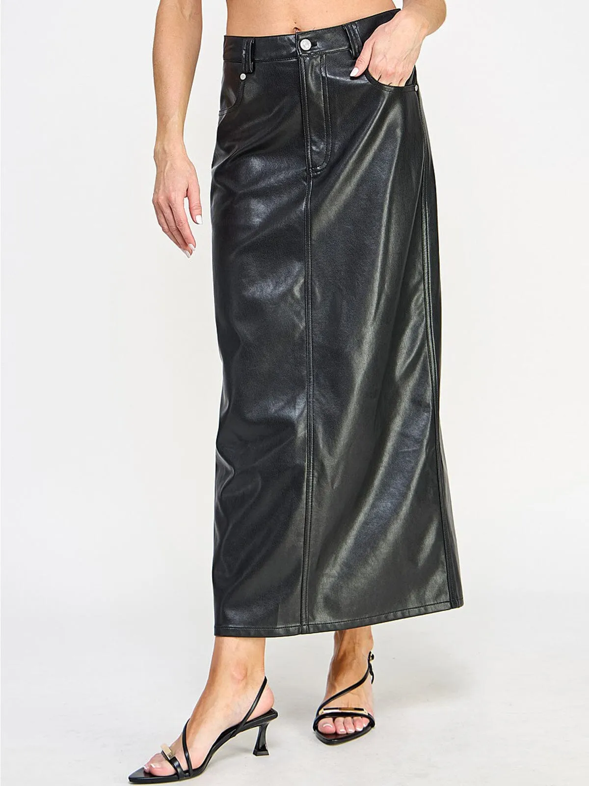 WOMEN'S BUTTON CLOSURE POCKETS FRONT SLIT PU PLEATHER MAXI SKIRT