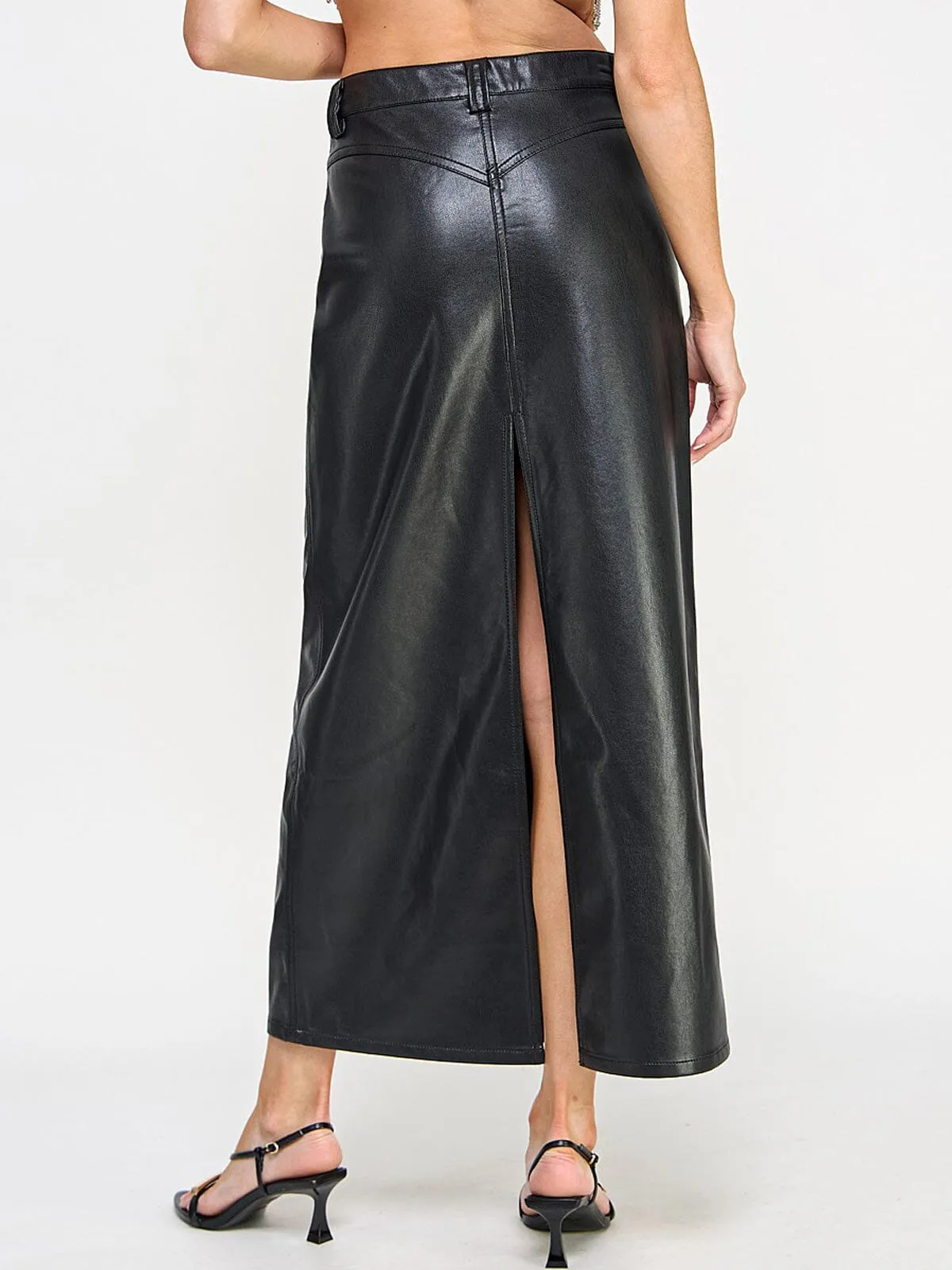 WOMEN'S BUTTON CLOSURE POCKETS FRONT SLIT PU PLEATHER MAXI SKIRT