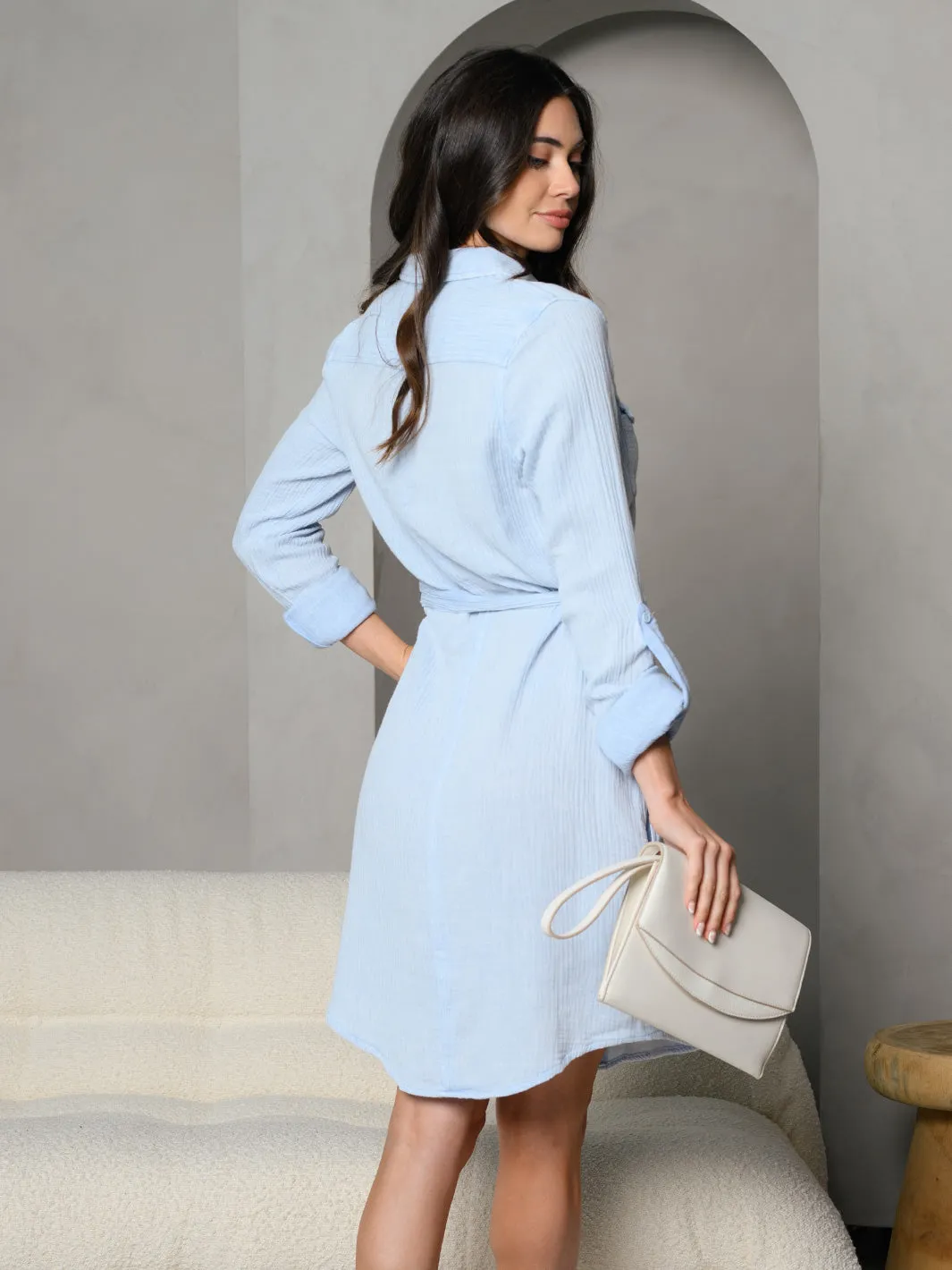 WOMEN'S BUTTON UP SELF TIE LONG SLEEVE MIDI DRESS