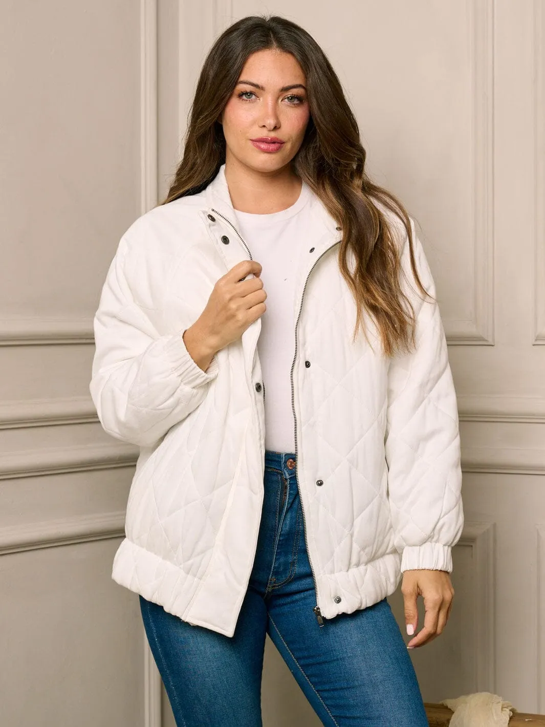 WOMEN'S LONG SLEEVE BUTTON & ZIPPER CLOSURE PUFFER JACKET